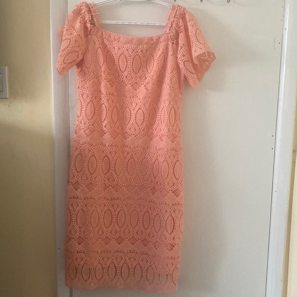 Cleo crochet lace dress, peach/ pink dress with off shoulder sleeves. Size 8